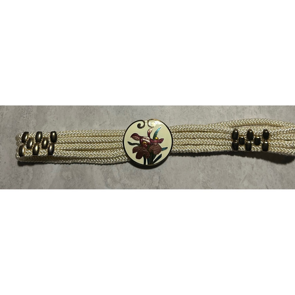 Vintage Braided Cord Belt Cream Gold Tone Enamel Floral Orchid Buckle 27 Inch
